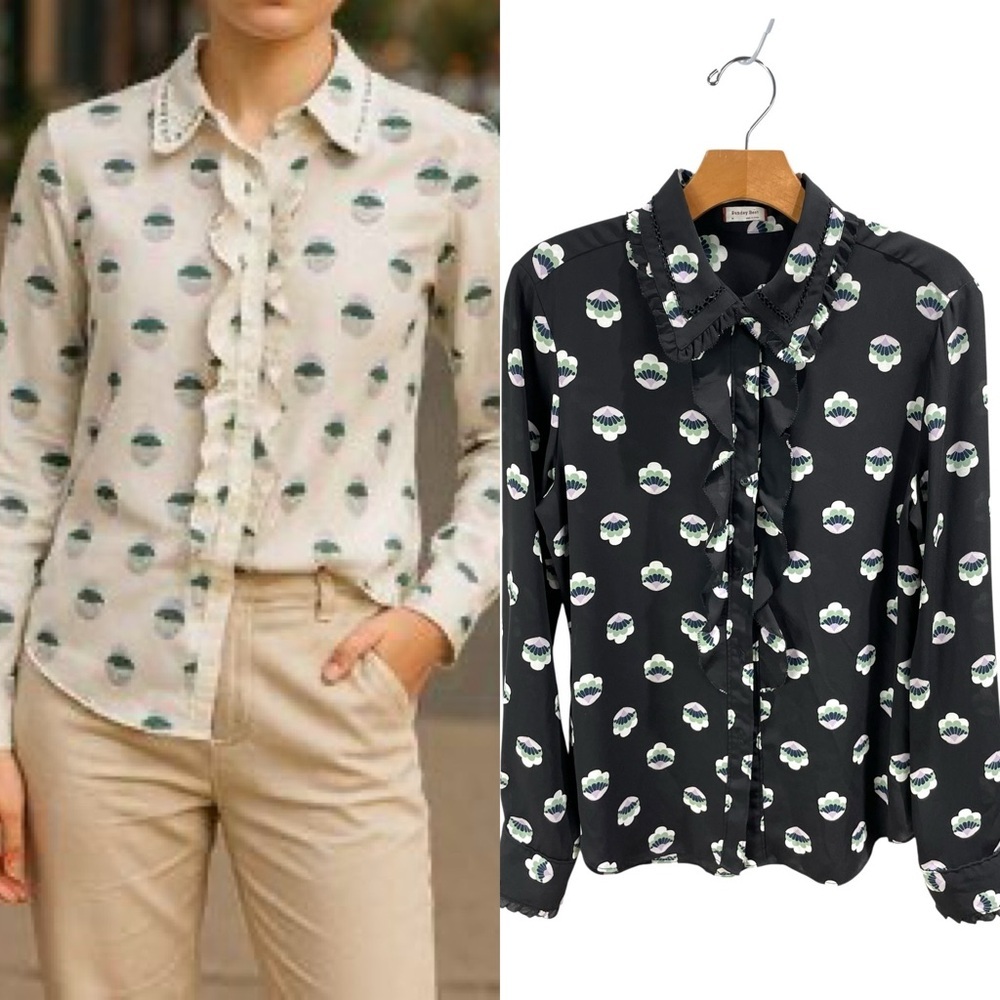 Sunday Best Black Ruffle Trim Floral Printed Blouse Size M